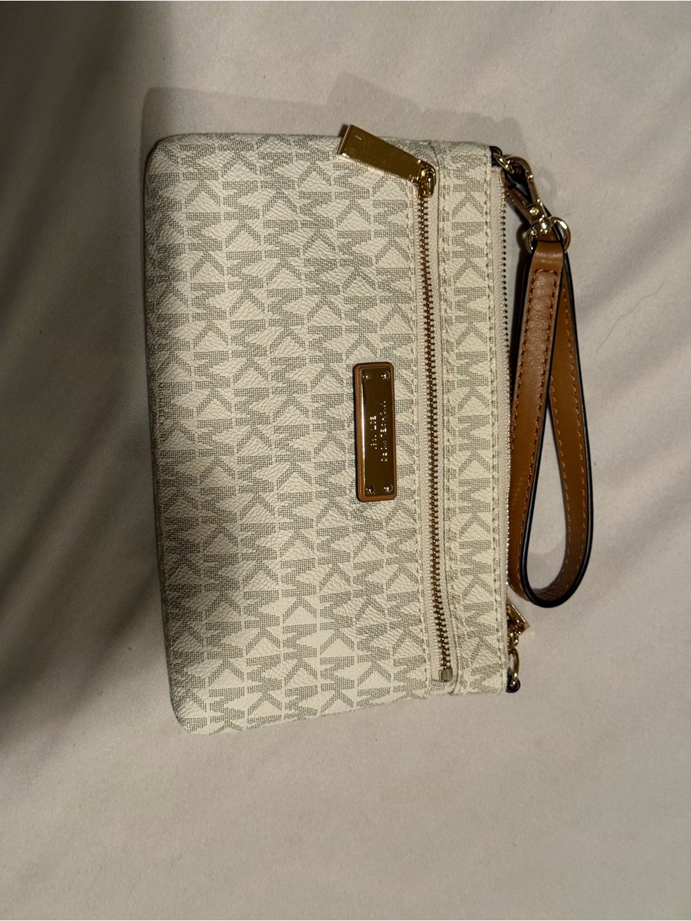 Michael Kors Beige Logo Wristlet with Tan Strap